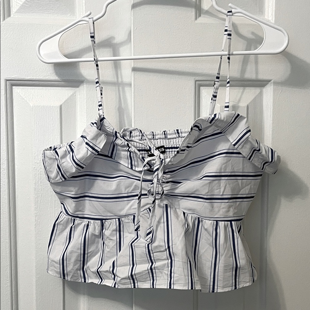 NWT Express Crop Top Tank White‎ Blue Pinstripe Peplum Ruffled Size S